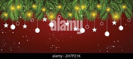 weihnachtlicher Hintergrund mit Tannenzweigen und Schneefall. Stock Vektor
