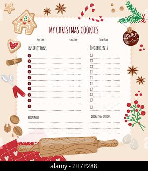 Leere Seite für Weihnachtsrezepte.Vorlage für Layout, Banner, Webdesign, Broschüre.Hintergrund mit Zutaten zum Kochen weihnachtsbacken dekoriert Stock Vektor