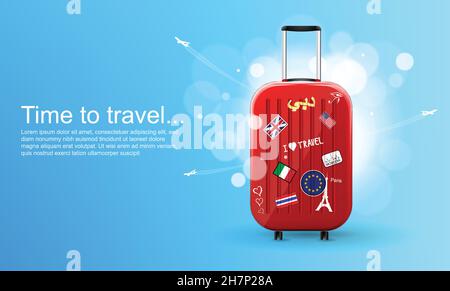 Reisetasche aus Kunststoff mit verschiedenen Reiseerinnerungen. Zeit zum Reisen. Vorlage für das Reisbanner. Vektorgrafik. Stock Vektor