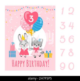 Geburtstagskarte Vorlage mit Zahlen.Bunny und Kitty halten Ballons, Geburtstag, Kuchen, Kerzen, Süßigkeiten, Kuchen.Herzlichen Glückwunsch an den Geburtstagskind.V Stock Vektor