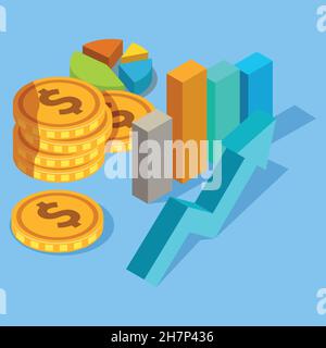 Geschäftsdarstellung. Geld, Münzen, Aktien und Grafiken auf blauem Hintergrund. Grafische Farbenfrohe Elemente. Vektorgrafik Stock Vektor