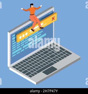 Business- und Technologieanalyse isometrisches Konzept. Frau sitzt auf dem Laptop. Vektorgrafik Stock Vektor