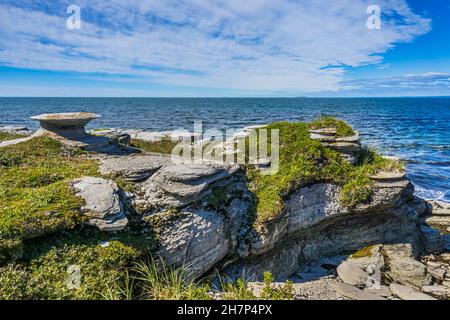 Kalksteinausschnitte auf der Insel Nue, einer Insel des Mingan-Archipels in der Region Cote Nord von Quebec, Stockfoto