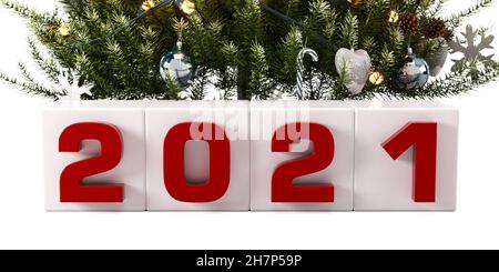 Weiße Schachteln worthen 2020 mit Weihnachtsbaum. Neujahrskonzept auf weißem Hintergrund isoliert. 3D Rendering, Illustration. Stockfoto