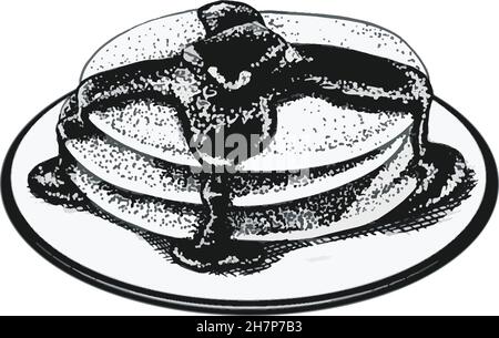 Handgezeichnetes Symbol. Frühstück am Morgen. Ahornsiryp Pfannkuchen. Isoliert auf weißem Hintergrund. Stock Vektor