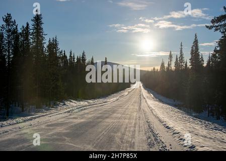 Verschneite Straße, verschneite Wälder, Muonio, Lappland, Finnland Stockfoto