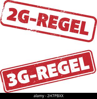 Kratzte rote Gummistempel mit Text 2G-REGEL und 3G-REGEL, deutsch für 2G und 3G Regel, Zugang für geimpfte und wiedergeborgte Menschen nur während des Covid Stock Vektor