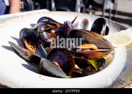 Ein Aperitif aus gekochten Muscheln, typisch für die spanische Gastronomie. Stockfoto
