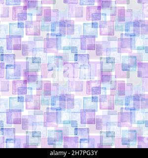 Zeitgenössische Kunst nahtlose Muster Hintergrund. Abstrakte Grunge quadratische geometrische Formen. Aquarell handgezeichnet lila mehrfarbige Quadrate Textur. Waterc Stockfoto