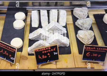 Käseladen in der Markthalle von Beziers, Frankreich. Generische französische Sortenbezeichnungen für Weichkäse (keine markenrechtlich geschützten Wörter). Stockfoto