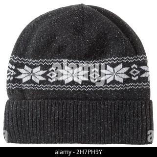 Dunkelgrau gestrickt Winter Mütze Hut mit nordischen geometrischen Ornament isoliert auf weißem Hintergrund dekoriert Stockfoto
