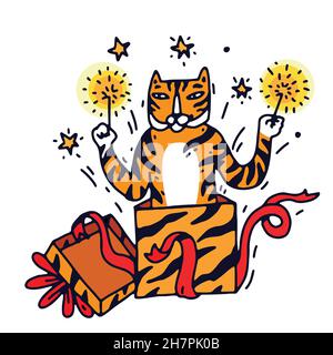 Tiger feiern das neue Jahr 2022. Niedliche handgezeichnete Doodle Tiger Charakter in einer Geschenkbox mit Wunderkerzen Feuerwerk in seinen Pfoten. Vektordarstellung isoliert Stock Vektor