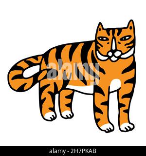 Tiger im Doodle-Cartoon-Stil. Niedliches handgezeichnetes Tigerkub. Vektorfarbe Umriss Illustration, isoliert auf einem weißen Hintergrund Stock Vektor