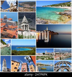 Kroatien Reise Foto Set - Collage mit Dalmatien Küsten, Split, Trogir, Pula, Rovinj, Makarska, Sibenik und Zadar. Stockfoto