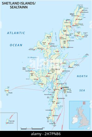 Detaillierte Shetland-Inseln-Straßenkarte mit Beschriftung, Großbritannien Stock Vektor
