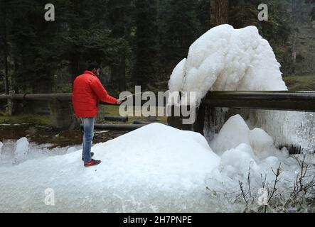 Srinagar, Indien. 24th. November 2021. Ein Kashmiri-Mann geht an Eiszapfen vorbei, die durch Wasser aus einer Trinkwasserleitung bei Tangmarg, etwa 50 Kilometer nördlich von Srinagar City, entstehen. Eine kalte Welle verstärkte ihren Griff auf Jammu und Kaschmir weiter, wobei die meisten Orte im Bundesstaat Temperaturen unter dem Nullpunkt aufzeichneten. Die Temperaturen unter dem Gefrierpunkt haben viele Gewässer in Kaschmir gefroren und sogar Trinkwasserhähne sind an einigen Stellen gefroren. Kredit: Majority World CIC/Alamy Live Nachrichten Stockfoto