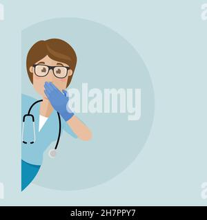 Eine Krankenschwester mit Schutzhandschuhen gucke aus der Ecke heraus. Sie bedeckt ihren Mund mit ihrer Handfläche. Die Krankenschwester ist überrascht und in Beschwuck Stock Vektor