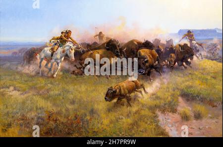 The Buffalo Hunt (No 39) des amerikanischen Künstlers Charles Marion Russell (1864-1926), Öl auf Leinwand, 1919 Stockfoto