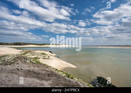 Panoramablick auf die Bucht von Authie in Nordfrankreich. Foto von einem Damm. Blauer, wolkiger Himmel, klares Wasser, Sandstrand und Dünen mit Baumgrenze in der Bucht Stockfoto