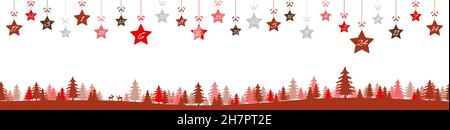 Hängende weihnachtssterne rot gefärbt mit Zahlen 1 bis 24 mit Adventskalender für Weihnachten und Winterkonzepte, roter Naturhintergrund mit Te re Stock Vektor