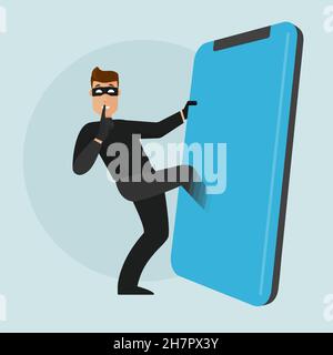 Ein maskierter Dieb schleicht sich leise ins Telefon. Diebstahl von Daten aus dem Telefon.Durchbrechen der Sicherheitsmauer auf einem mobilen Gerät. Stock Vektor