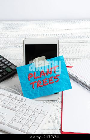 Schild mit Pflanzenbäumen. Business Showcase Prozess der Pflanzung eines Baumes für den Landbau und die Forstwirtschaft Typisierung neuer Ideen Business Planning Idea Stockfoto