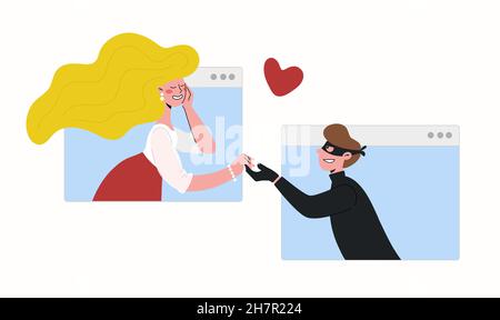 Ein Mädchen trifft einen Mann über eine Online-Dating-Website, während sie zu Hause sitzt. Der Mann ist ein Lügner und ein Dieb, der versucht, sie zu täuschen und sie auszunutzen Stock Vektor