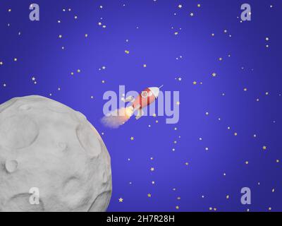 Kleine Rakete, die über dem Mond mit Sternen im Hintergrund fliegt. 3D Rendern Stockfoto