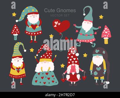 Vektor niedlichen bunten Illustration von Garten gnome mit Herz und Blume. Cartoon elf Kind Illustration für den Druck. Valentinskarte und Posterset. Stock Vektor