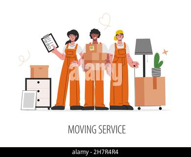 Umzugskonzept oder Umzugskonzept. Gruppe von kaukasischen, afroamerikanischen Menschen in Uniform helfen move.Friendly männliche und weibliche Arbeiter tragen Kisten Stock Vektor