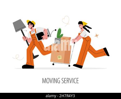 Umzugskonzept oder Umzugskonzept. Zwei Personen in Uniform helfen, sich schnell und effizient zu bewegen. Arbeiterinnen tragen Kisten und Möbel. Vektor-Abb. Stock Vektor