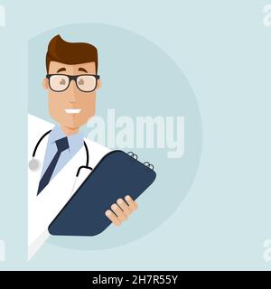 Arzt in medizinischer Maske, der um die Ecke guckt und eine Tablette für Notizen hält und einen Patienten interviewt Stock Vektor