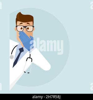 Ein Arzt mit Brille und weißem Mantel guckt um die Ecke und bedeckt seinen Mund Stock Vektor