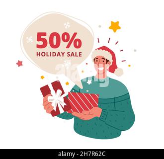 Offenes Geschenk für Männer mit 50 % Aktionscode für Weihnachtsrabatte zu Neujahr. Stock Vektor