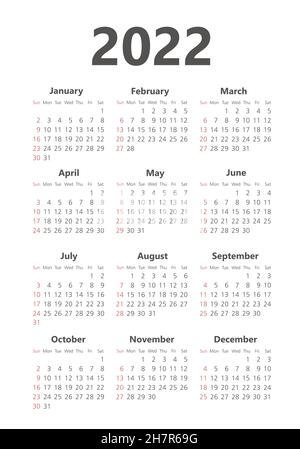 Kalender 2022 Jahr. Schwarz-Weiß-Vektorvorlage. Die Woche beginnt am Sonntag. Grundraster. Quadratischer Taschenkalender. Ready-Design Stock Vektor