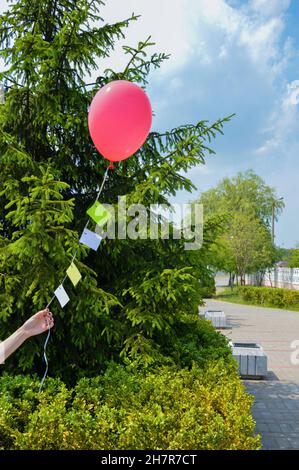 Eine weibliche Hand hält einen roten Ballon vor dem Hintergrund einer grünen Tanne. Es gibt Papieraufkleber, die an das Band der Kugel vernietet sind, auf dem ein wünscht Stockfoto