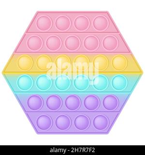 POPIT Figur Hexagon als modisches Silikonspielzeug für Fidgets. Süchtig machendes Anti-Stress-Spielzeug in Pastell-Regenbogenfarben. Blasenangst entwickeln Pop it to Stock Vektor