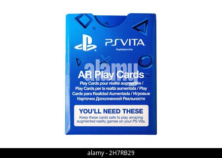 PlayStation Vita AR-Karteikarten, Augmented Reality-Karteikarten-Paket, Nahaufnahme des Produktobjekts, Draufsicht. PS Vita ar -Spiele, AR-Spielkarten, Stockfoto