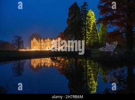 Wakehurst, Ardingly, Sussex. 24. November 2021. Glow Wild, eines der Top-Winterveranstaltungen von Sussex seit 8th Jahren, mit großen neuen Lichtinstallationen von preisgekrönten Künstlern, über 300 handgefertigten Laternen und mit 37m Jahren Großbritanniens höchstem lebenden Weihnachtsbaum. Wakehurst ist Kews Wild Botanic Garden in der Nähe von Haywards Heath in Sussex. Quelle: Malcolm Park/Alamy Live News. Stockfoto