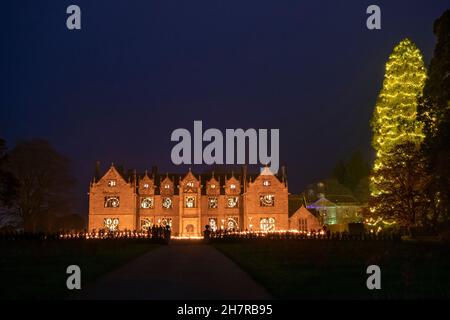 Wakehurst, Ardingly, Sussex. 24. November 2021. Glow Wild, eines der Top-Winterveranstaltungen von Sussex seit 8th Jahren, mit großen neuen Lichtinstallationen von preisgekrönten Künstlern, über 300 handgefertigten Laternen und mit 37m Jahren Großbritanniens höchstem lebenden Weihnachtsbaum. Wakehurst ist Kews Wild Botanic Garden in der Nähe von Haywards Heath in Sussex. Quelle: Malcolm Park/Alamy Live News. Stockfoto