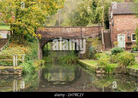 The Great Hay Incline (Hay Schrägflugzeug) in Coalport, Ironbridge Gorge, Shropshire, Großbritannien. Es hob Boote zwischen Kanälen mit Dampf und Schwerkraft. Stockfoto