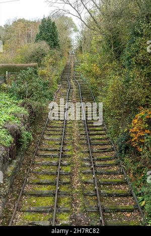 The Great Hay Incline (Hay Schrägflugzeug) in Coalport, Ironbridge Gorge, Shropshire, Großbritannien. Es hob Boote zwischen Kanälen mit Dampf und Schwerkraft. Stockfoto