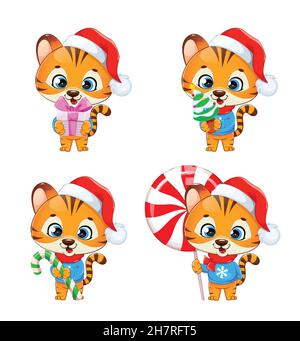 Frohe Weihnachten. Niedliches Tiger-Junge in Weihnachtsmütze, Satz von vier Posen. Baby Tiger Zeichentrickfigur. Vektorgrafik auf weißem Hintergrund Stock Vektor