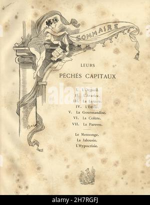 Vintage Index Seite für Leurs Peches capitaux. Henry Gerbault, 19th Jahrhundert viktorianische französische humorvolle Illustration Stockfoto