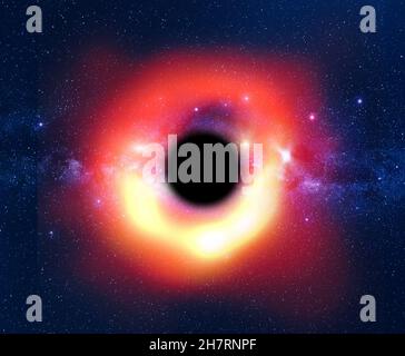 Schwarzes Loch in der Galaxie Messier 87 im tiefen Raum mit Milchstraße und einem Sternenfeld. 3D Illustration Hintergrund mit Kopierplatz. Stockfoto