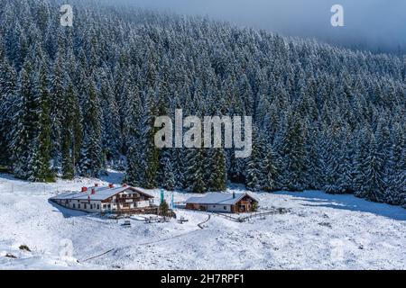 Verschneite Winklmoosalm oder Winklmoosalm, Hochplateau 1170m ASL, Reit im Winkl, Chiemgau, Oberbayern, Bayrischen Alpen, Süddeutschland, Europa Stockfoto