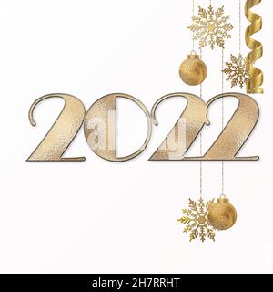 Frohes Neues Jahr 2022. Goldene Ziffer 2022, 3D Weihnachtskugeln Kugeln, Schneeflocken isoliert auf Weiß. Grüße Einladungskarte Kalender Advent Vorlage 3D Illustration Stockfoto