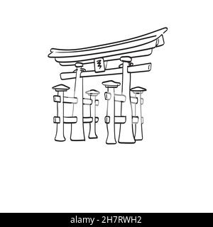 Japanisches Torii-Tor als berühmter Stadtdenkmal und Reise- und Tourismus Symbol Illustration Vektor isoliert auf weißem Hintergrund Linie Kunst Stock Vektor