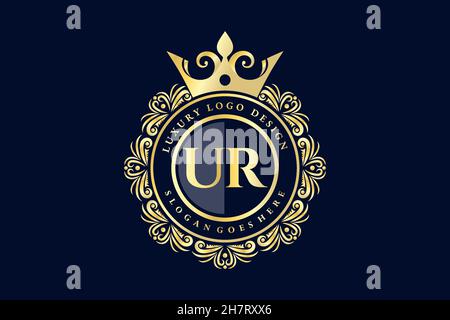 UR Initial Letter Gold kalligraphisch feminin floral handgezeichnetes heraldisches Monogramm antiker Vintage-Stil Luxus-Logo-Design Premium Stock Vektor