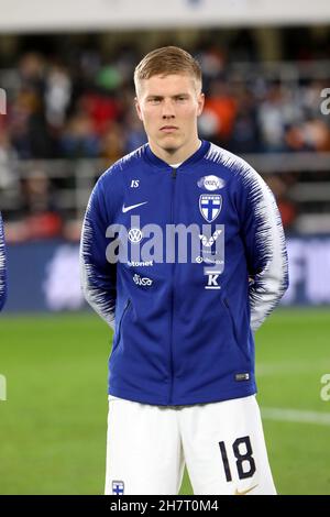 Finnland 0-2 Frankreich bei der Qatar World Cup European Qualifying Group D 2022 im Olympiastadion in Helsinki, Finnland, am 16. November 2021. Finnland – Frankreich. Jere Uronen - Finnland Stockfoto